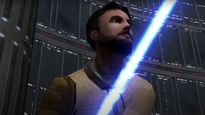 Close up of character wielding a lightsaber in Star Wars Jedi Knight II: Jedi Outcast.