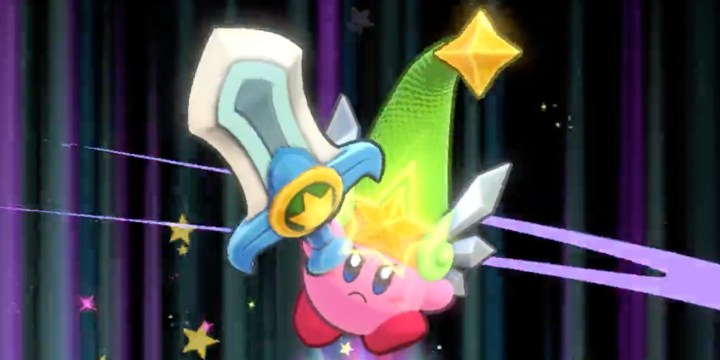 Kirby wields a sword in Kirby's Return to Dreamland Deluxe.