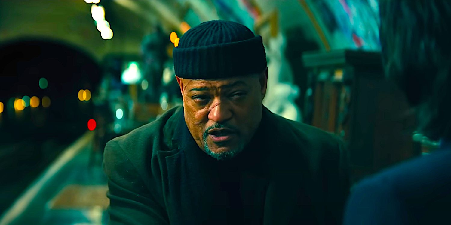 Laurence Fishburne as the Bowery King in John Wick Chapter 4 talking to John at the train station