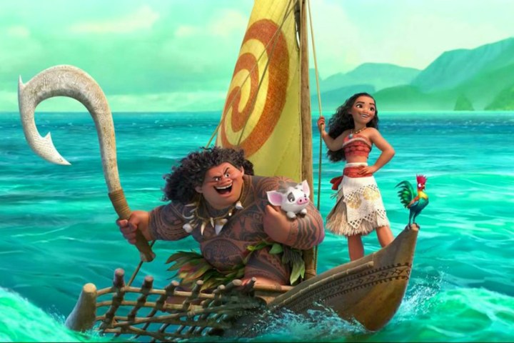 Moana and Maui riding a boat.