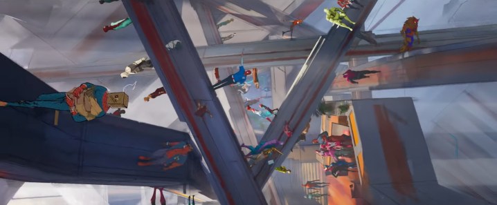 A web-like base full of Spider-People in "Spider-Man: Across the Spider-Verse."