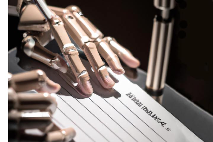 A Dall-E creation of a robot writing a document.