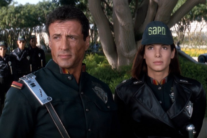 Stallone and Bullock in Demolition Man.