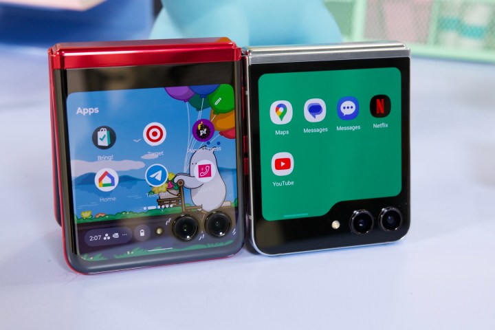 Samsung Galaxy Z Flip 5 next to the Motorola Razr Plus.