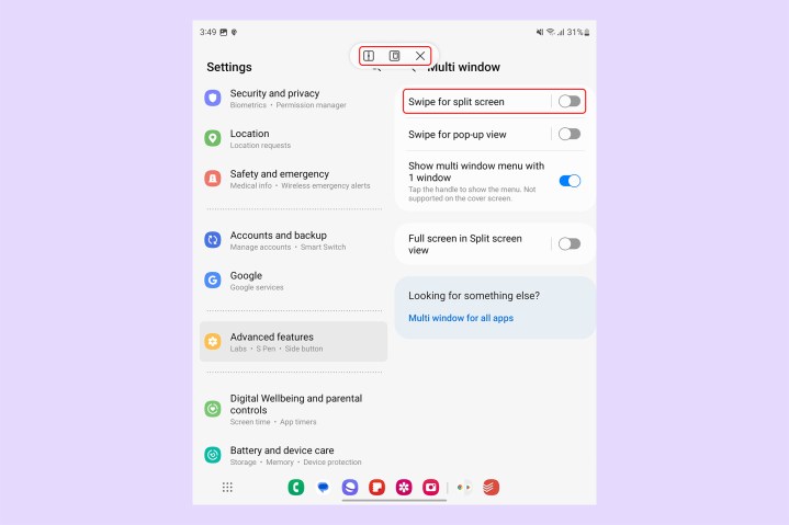 Samsung Galaxy Z Fold 5 multiwindow split screen swipe gesture.