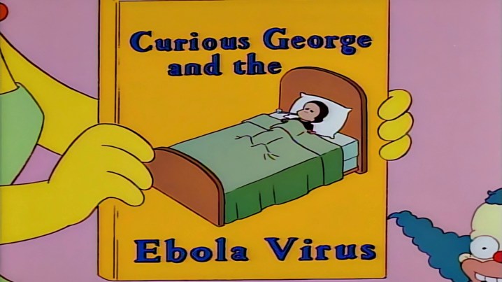 Marge holding up a book called "Curious George and the Ebola Virus" in "The Simpsons."