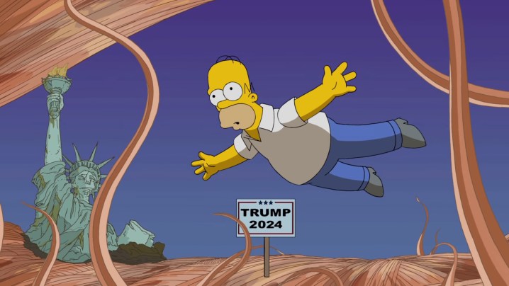 Homer floating through Donald Trump's hair in "The Simpsons."