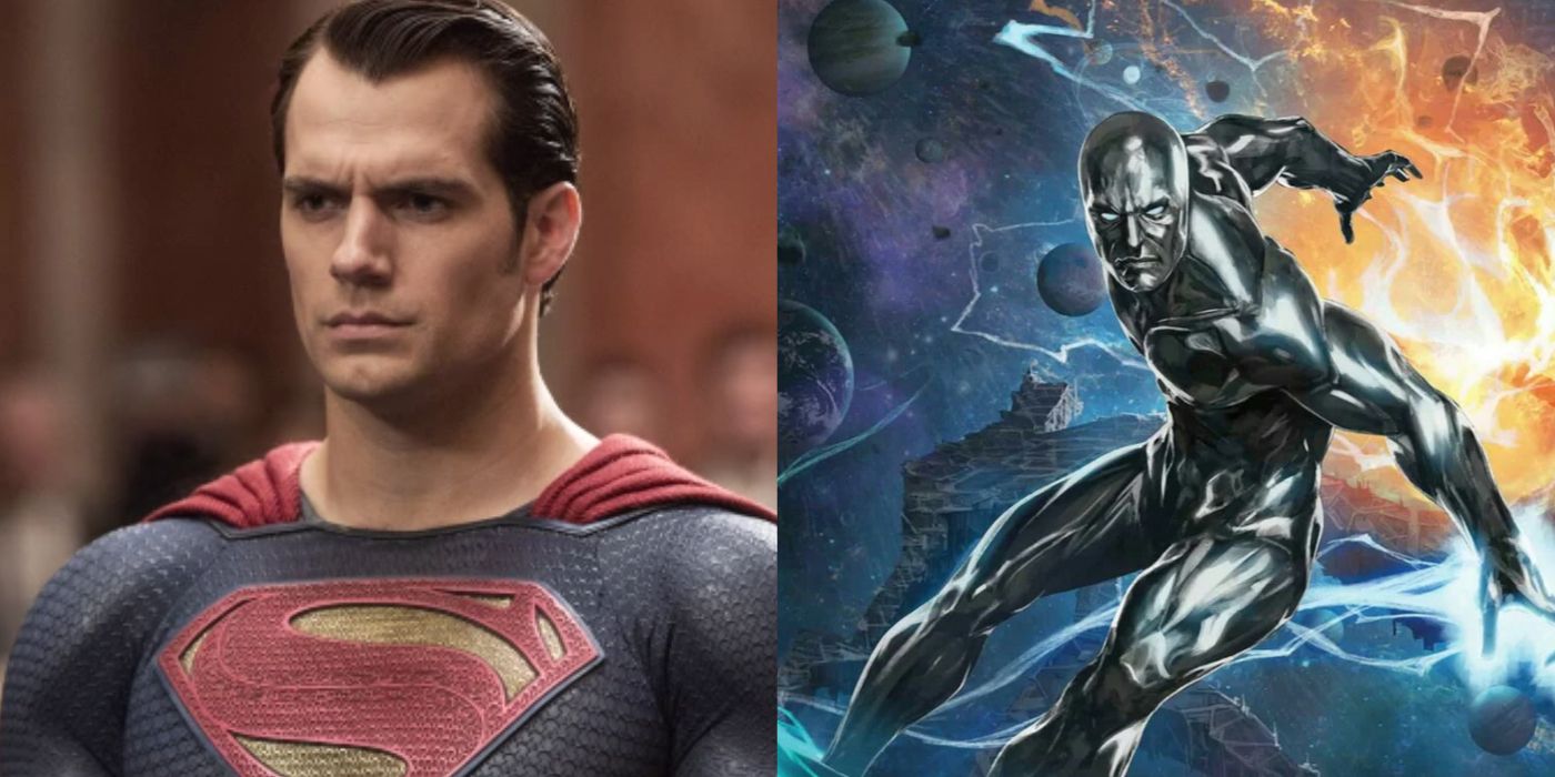 An image of Henry Cavill as Superman next to an image of Norrin Radd/Silver Surfer.