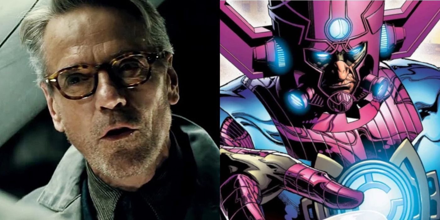 An image of Jeremy Irons as Alfred Pennyworth next to an image of Marvel's eater of worlds known as Galactus.