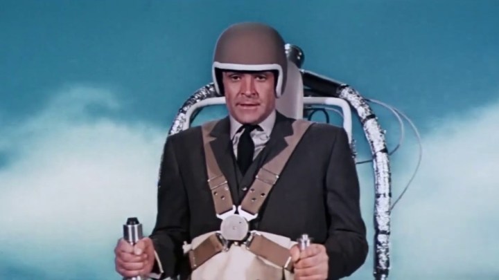 Sean Connery's James Bond uses his jetpack in Thunderball.