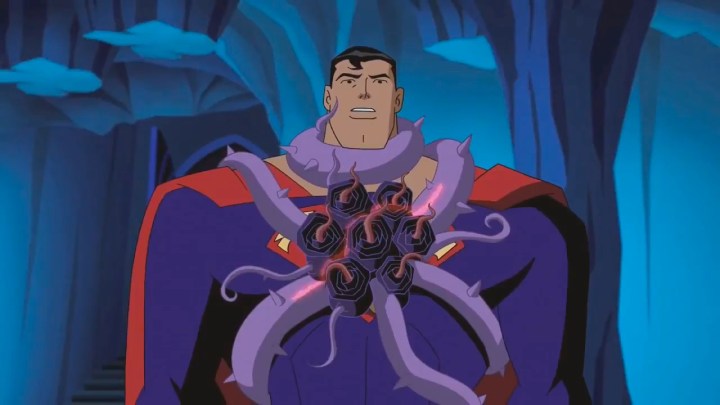 Superman with a parasite latched to his chest in "Justice League Unlimited."