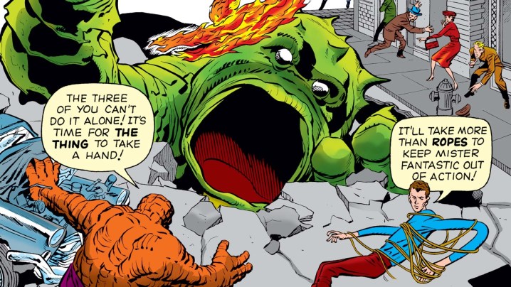 The Thing and Mister Fantastic fighting a monster.