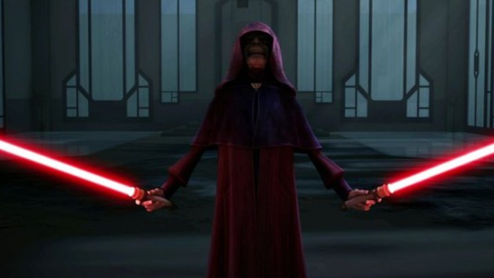 Palpatine igniting his two lightsabers in a duel against Maul and Savage Opress.