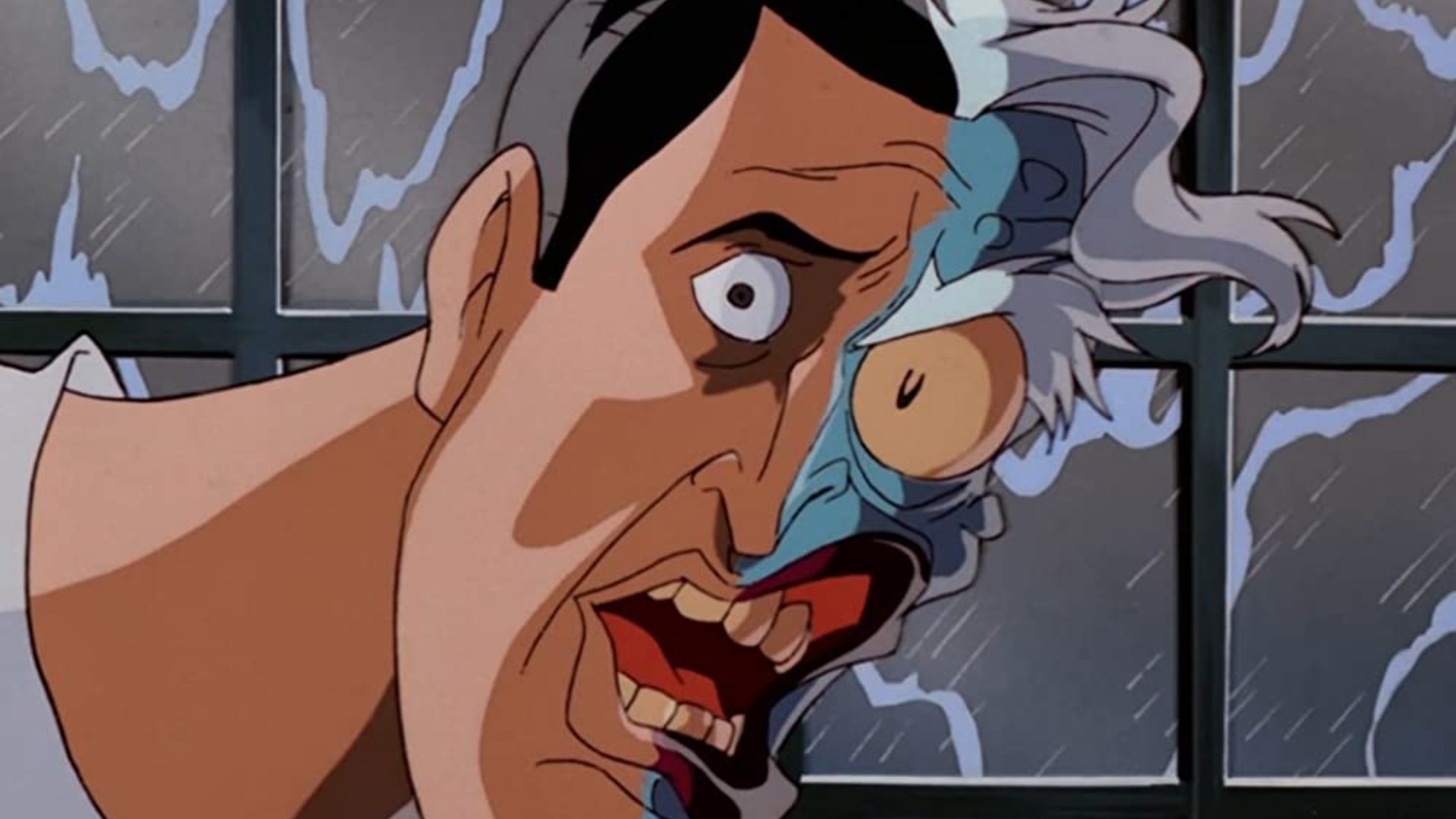 Harvey Dent's shocking reveal of his scarred face in BTAS.