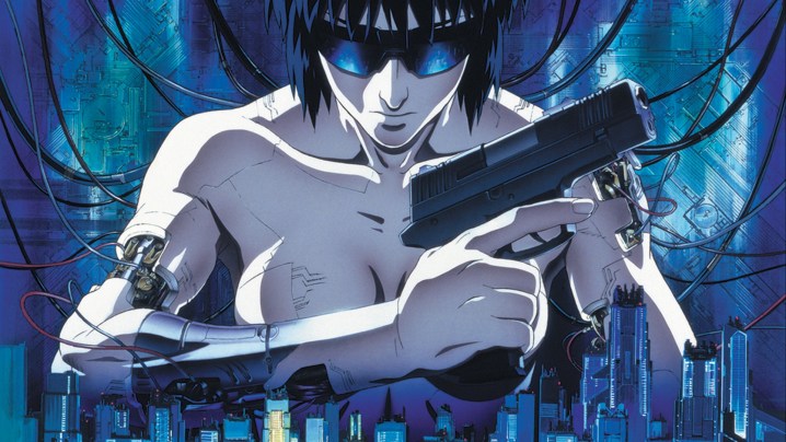 The cybernetic Motoko Kusanagi holding a gun in Ghost in the Shell key art.