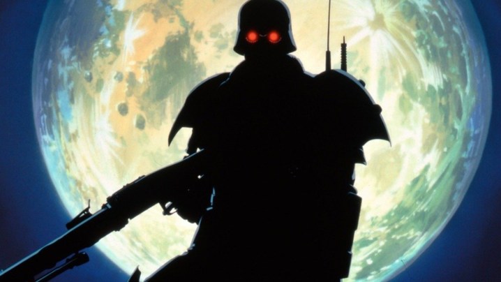 The silhouette of a Kerberos paramilitary police agent in Jin-Roh: The Wolf Brigade key art.