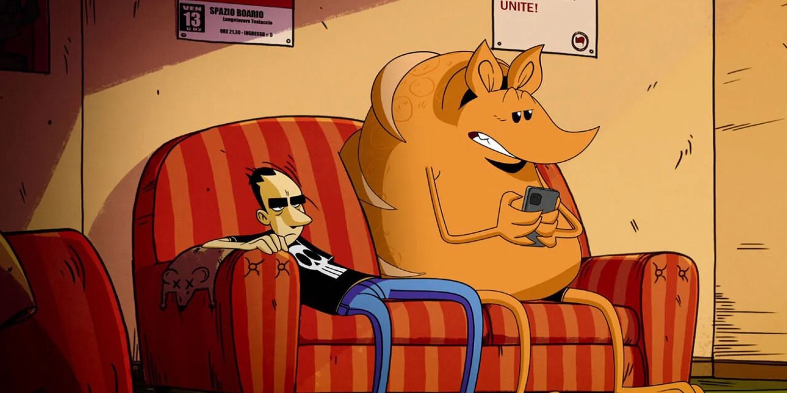 an angry man on a red couch, next to an armadillo checking its phone