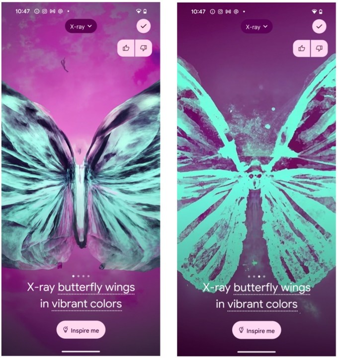 Google Pixel 8 Pro AI wallpaper generator for x-ray theme with butterfly wings in vibrant colors.