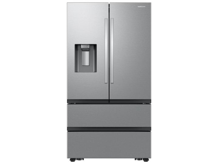 A stainless steel four-door French door refrigerator on a white background.