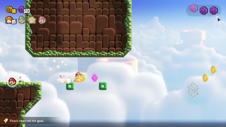 Daisy runs towards a coin in Super Mario Bros. Wonder.