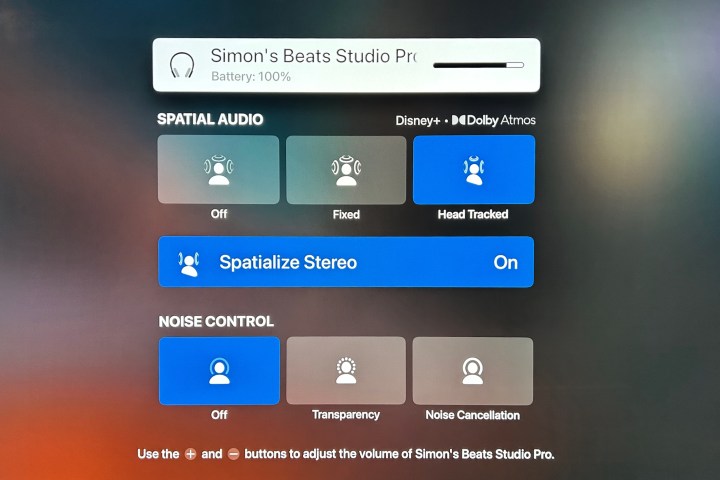 Beats Studio Pro Apple TV 4K spatial audio settings screen.