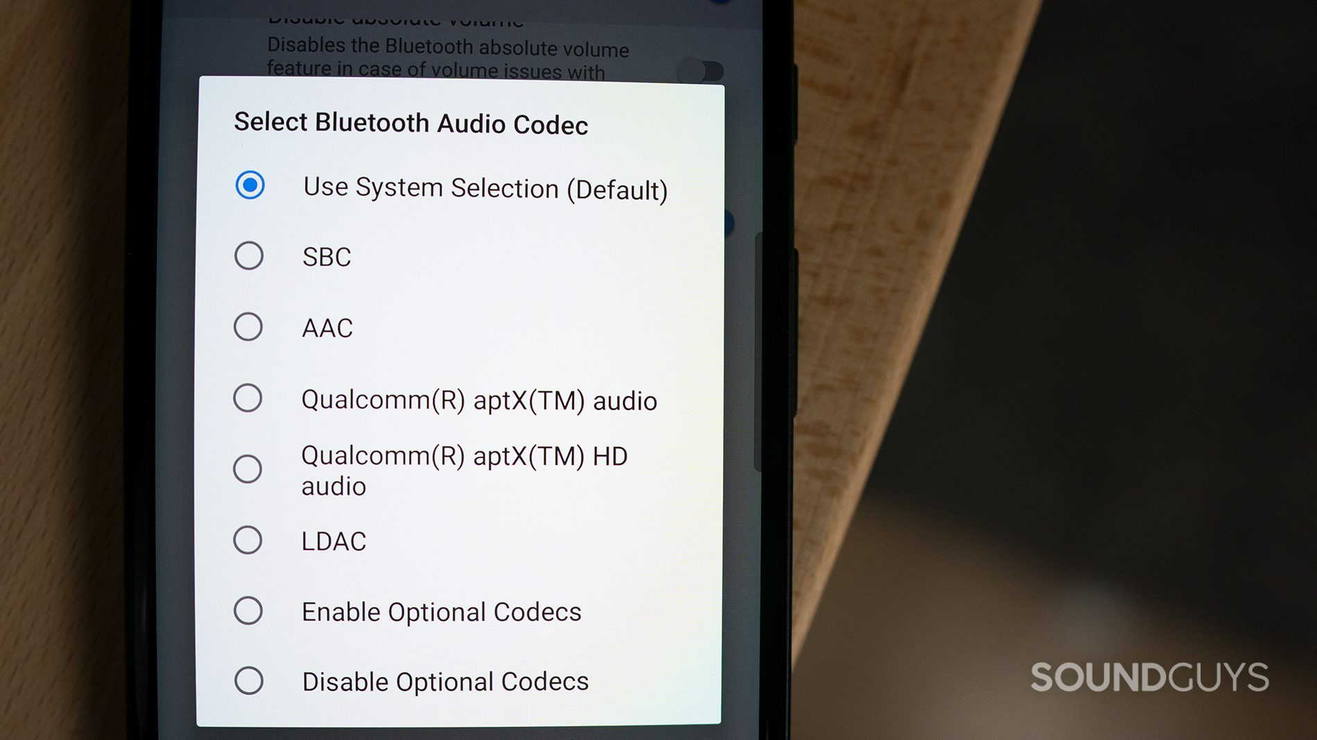 Shot of the Bluetooth codec options in Android.