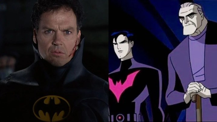 Split image of Michael Keaton as Batman unmasked and Terry as Batman with Bruce in the DCAU.