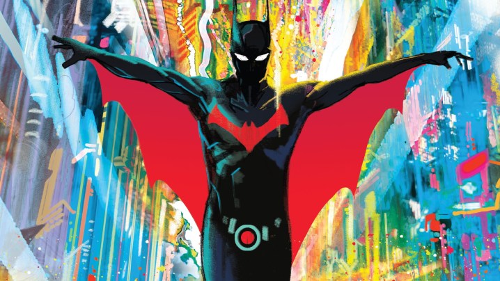 Christian Ward's variant cover for Batman Beyond: Neo Year featuring Batman's wings outstretched with Gotham in the background.