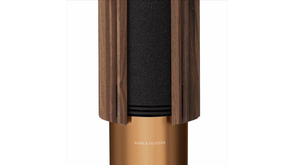 A detail of the Bang & Olufsen Beolab 28 loudspeaker with a wood grille.
