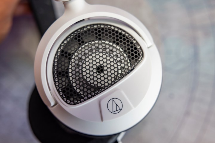 Close-up of an earcup on the Audio-Technica ATH-GDL3 open-back gaming headphones.