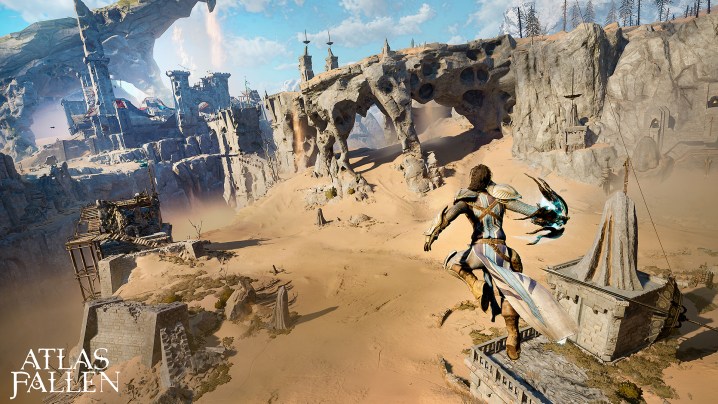 The player leaps into the air in Atlas Fallen.
