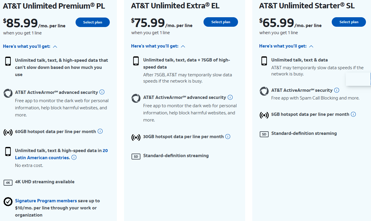 screenshot highlight at&t top unlimited plans as on jan 26, 2024