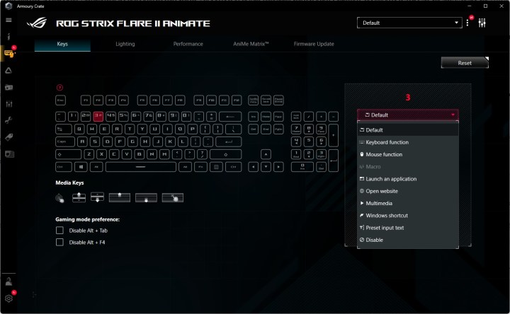 Keyboard settings in Asus Armoury Crate.