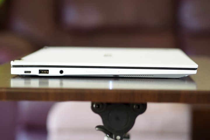 Asus Chromebook Flip C536 left side view. Ports seen: USB and headphone