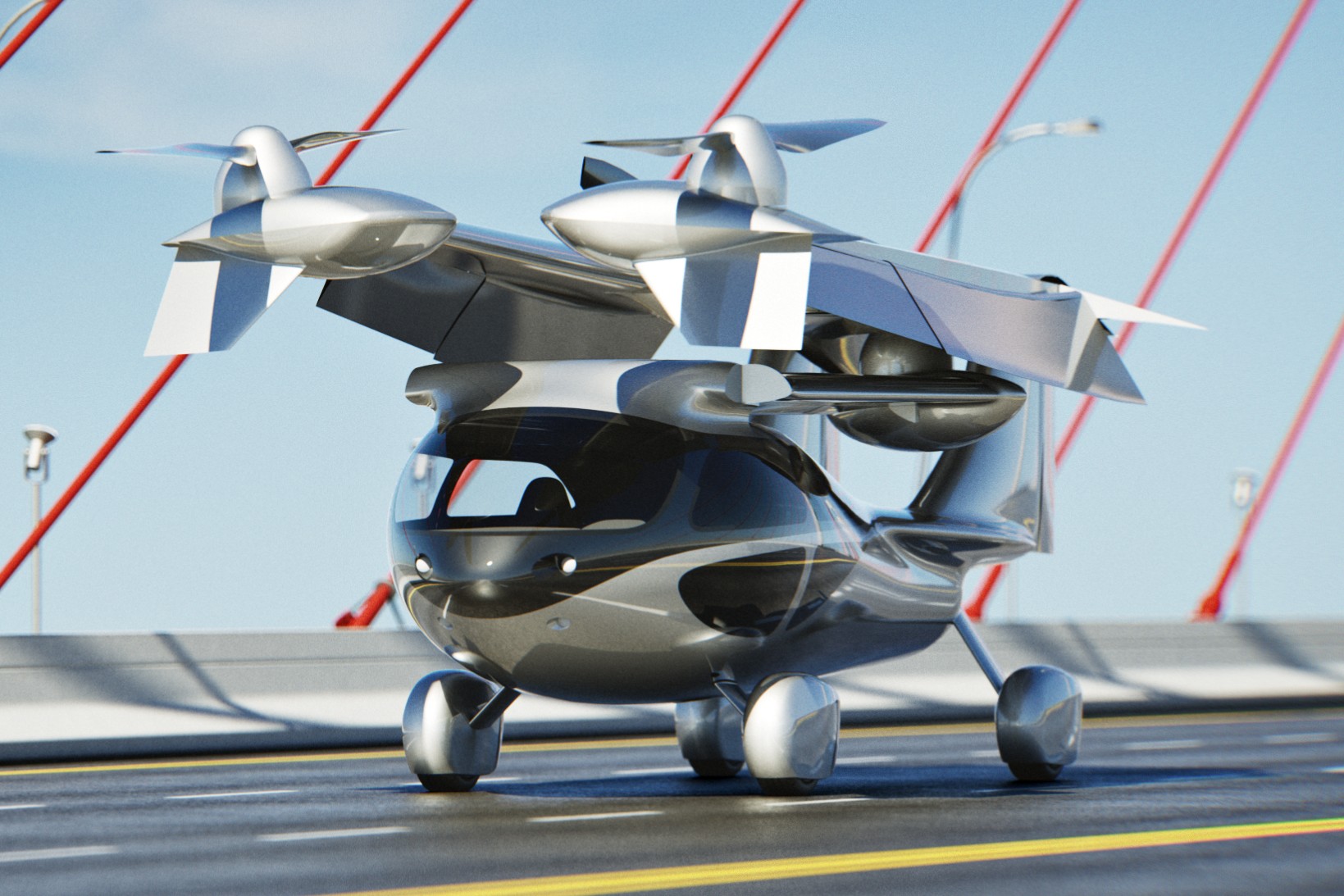 The Aska A5 flying car drives across a bridge with its rotor arms folded up for storage.