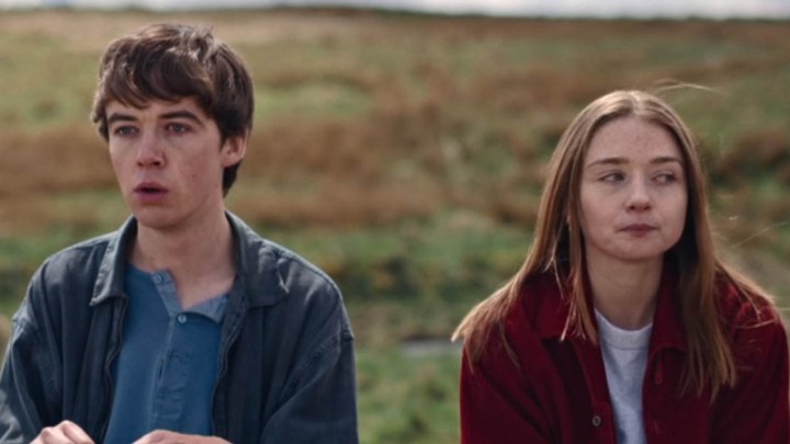 Jessica Barden and Alex Lawther sit next to each other in End of the F***ing World