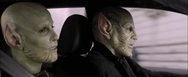 Soren and Talos in a car together in "Spider-Man: Far From Home."