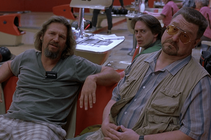 The Dude, Walter, and Donny at a bowling alley in "The Big Lebowski."