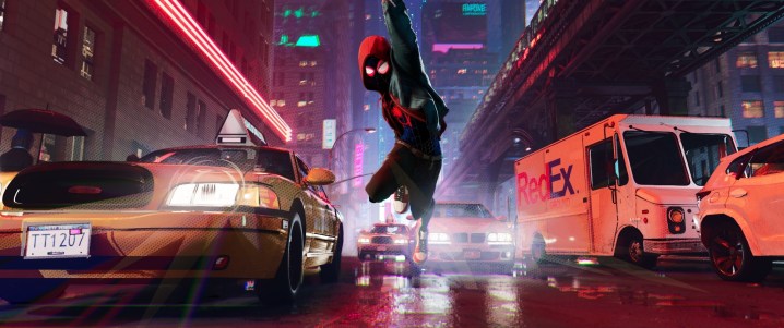 Spider-Man swings in the city in Into The Spider-Verse.