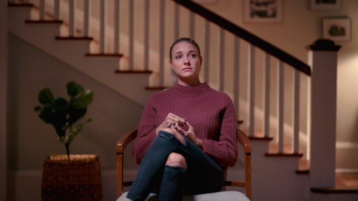 Morgan Sought sitting in a chair near tears talking in Netflix docuseries Murdaugh Murders.