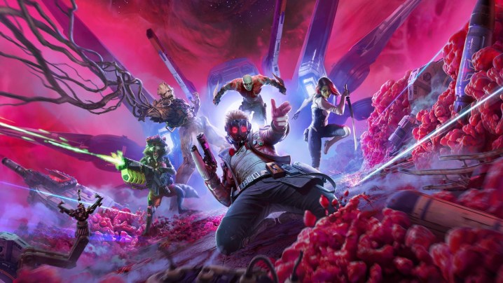 The members of the Guardians of the Galaxy in action poses in the game's promo art.