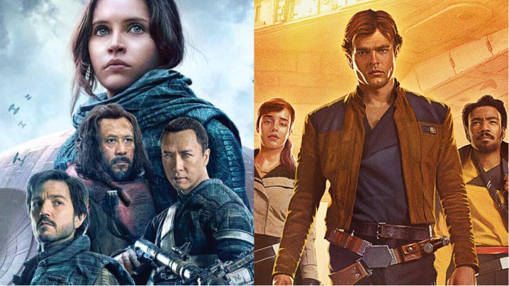 Split image of Rogue One and Solo promo posters.