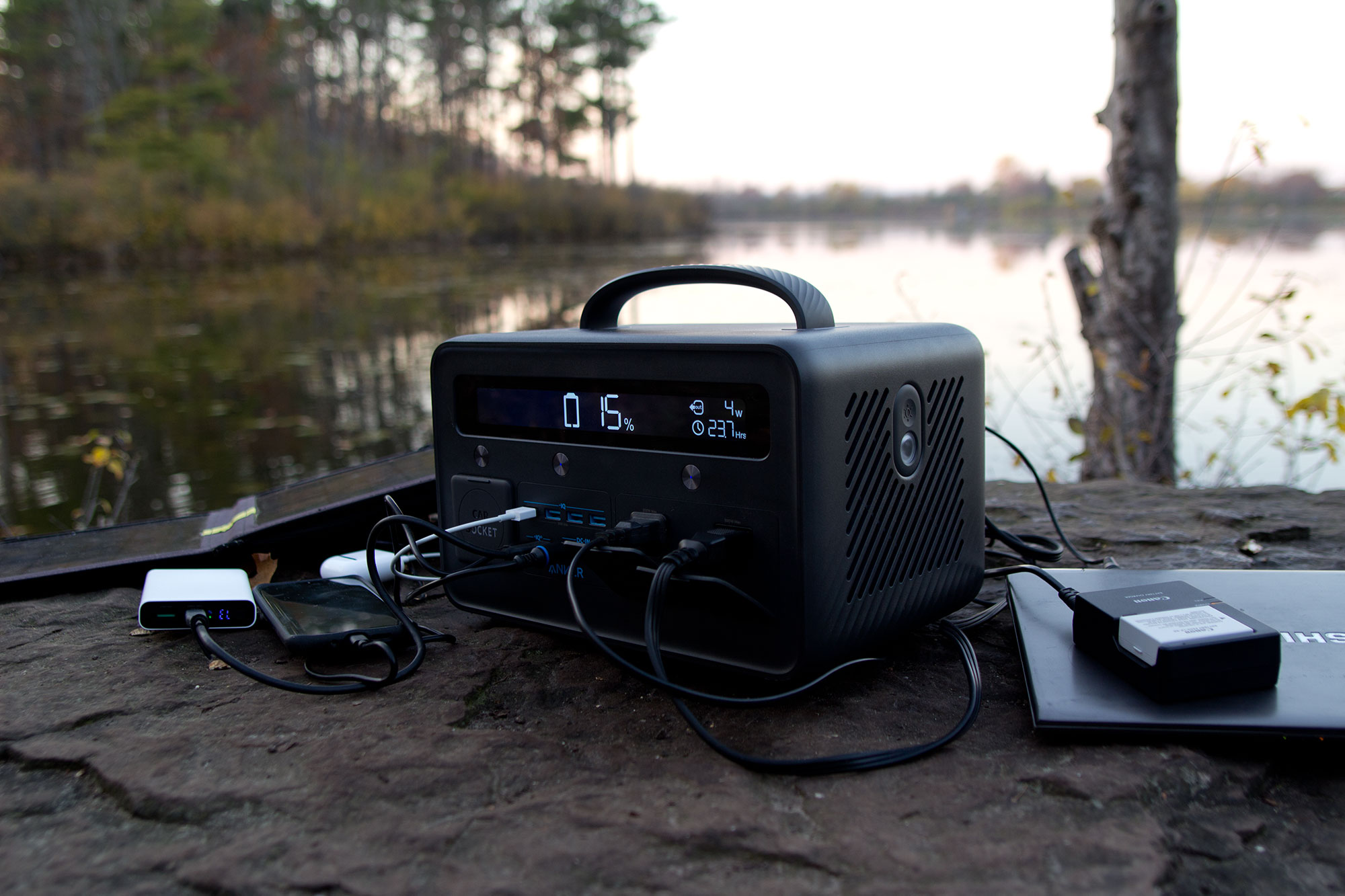 Anker PowerHouse II battery pack charging various devices.