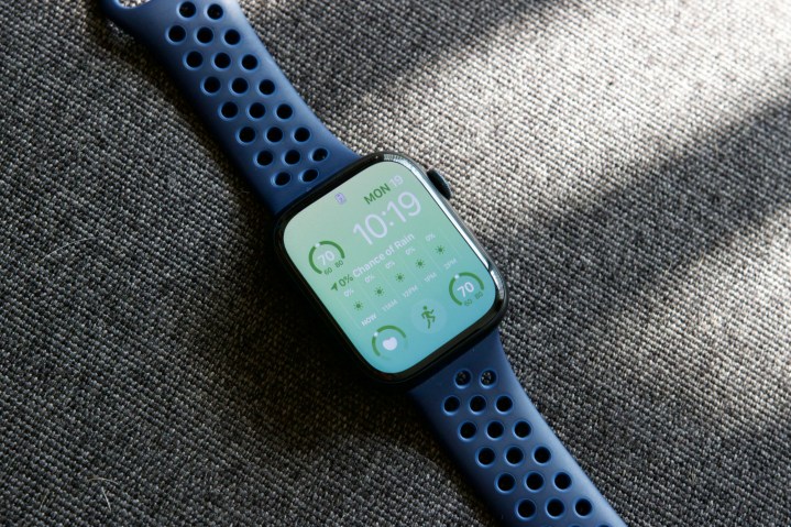 An Apple Watch Series 8 with the display turned on.