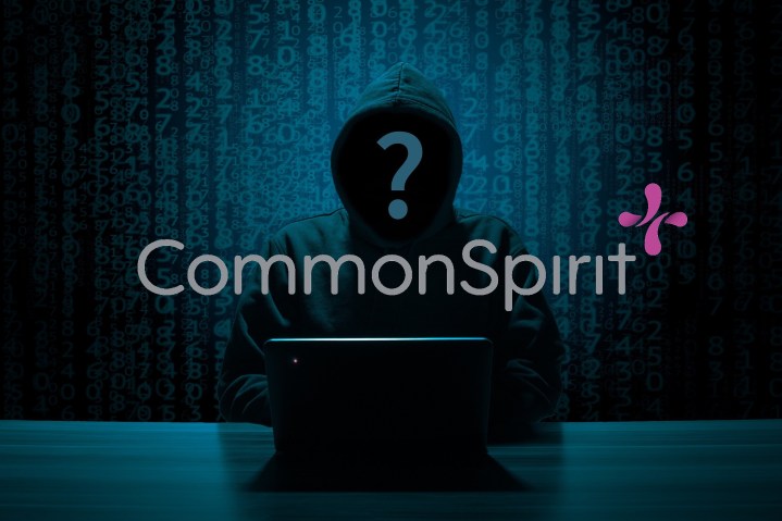 The CommonSpirit Health’s logo appears over the silhouette of a hacker.