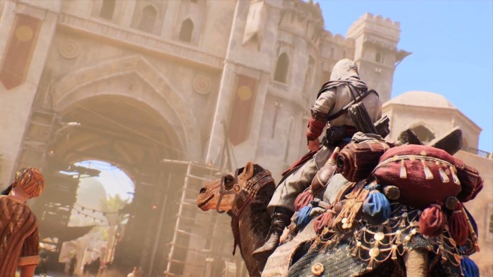 Assassin's Creed Mirage's Basim riding a camel.
