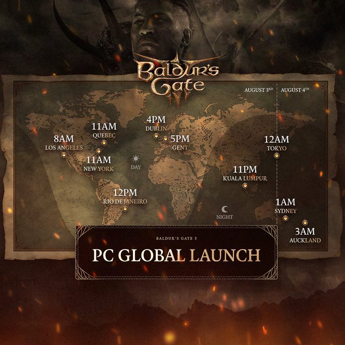 A map showing when Baldur's Gate 3 launches around the world.