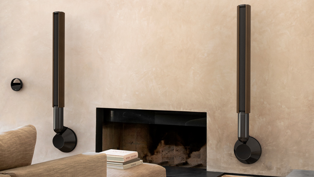 Bang & Olufsen's Beolab 28 loudspeakers mounted to a living-room wall.