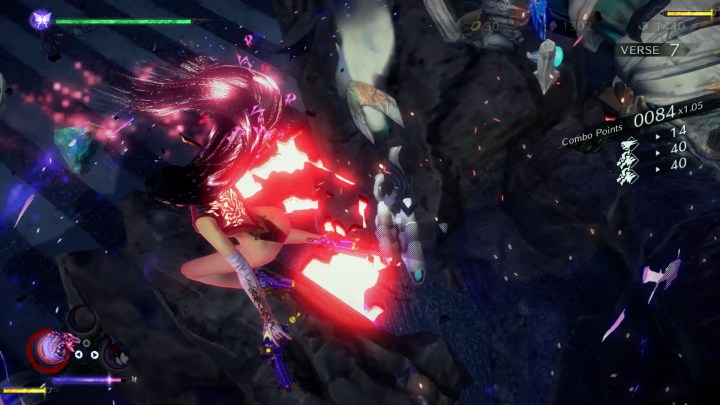 Bayonetta glows pink with energy while fighting a monster in Bayonetta 3. 