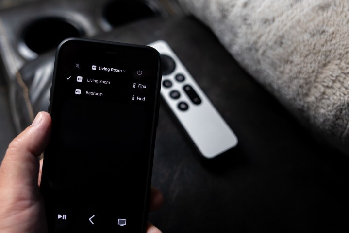 The Remote app on an iPhone showing two Apple TV devices and the lost remote control finder.
